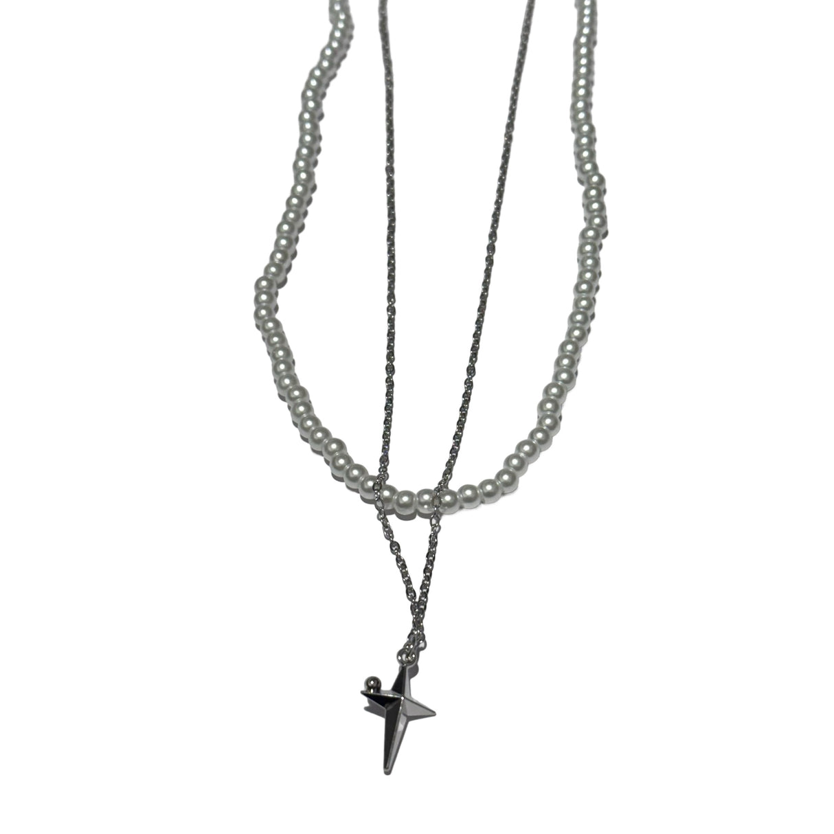 Collar con dije , cadena acero y de Perlas doble