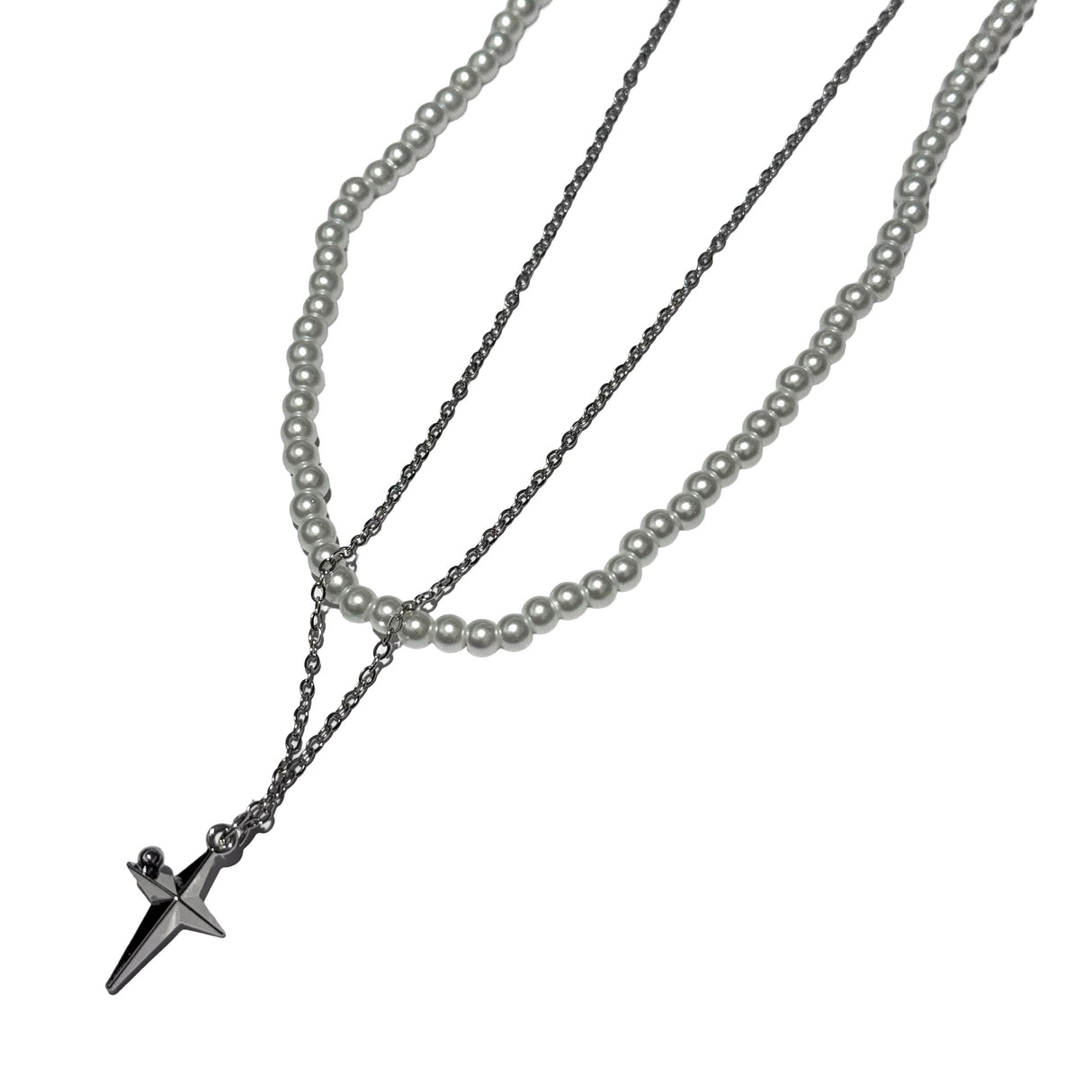 Collar con dije , cadena acero y de Perlas doble