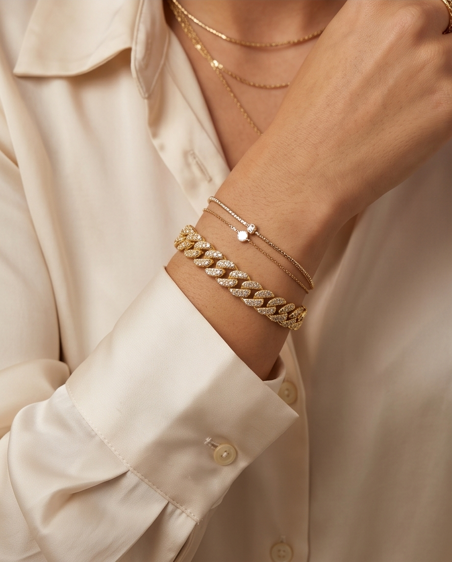 PULSERA CUBANA PLATEADA EMPAVONADA Y DORADA