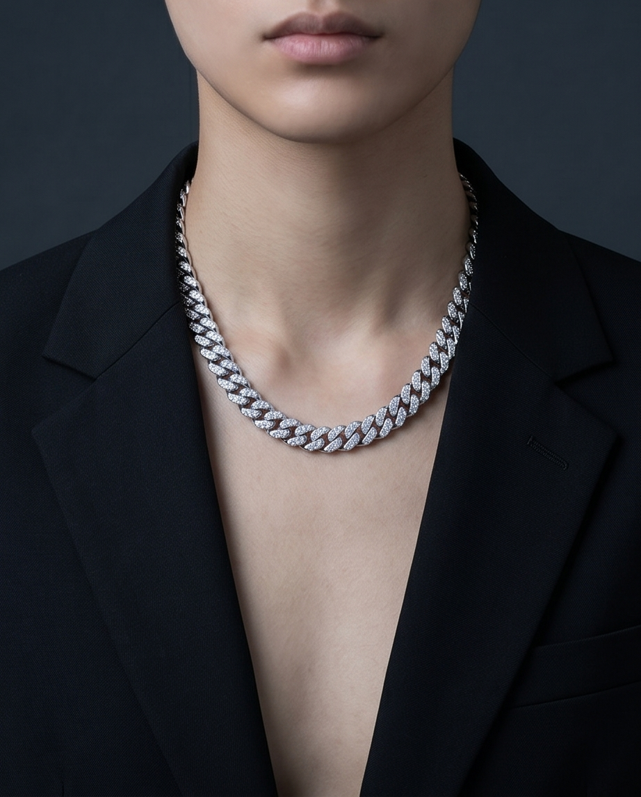 COLLAR CUBANO CON PIEDRAS PLATEADO UNISEX