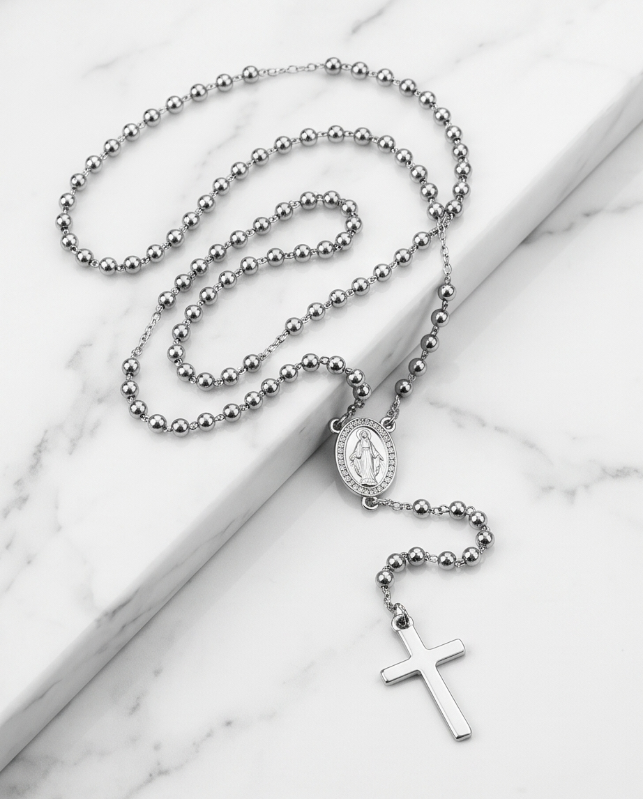 ROSARIO EN ACERO DE CUELLO CON PERLAS