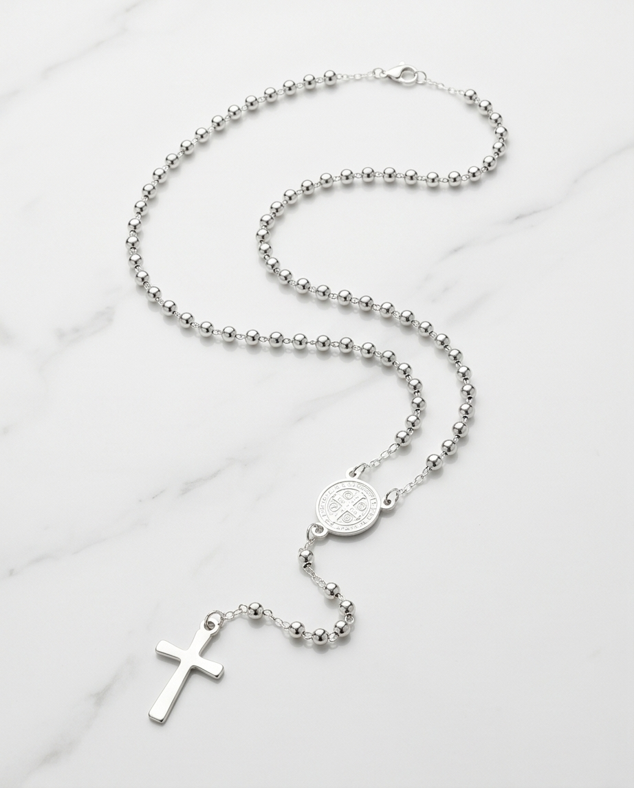 ROSARIO EN ACERO DE CUELLO CON PERLAS