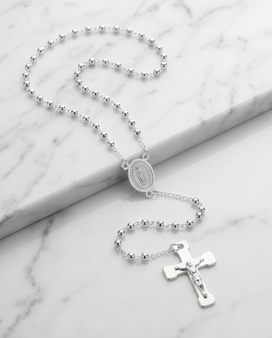 ROSARIO EN ACERO DE CUELLO CON PERLAS