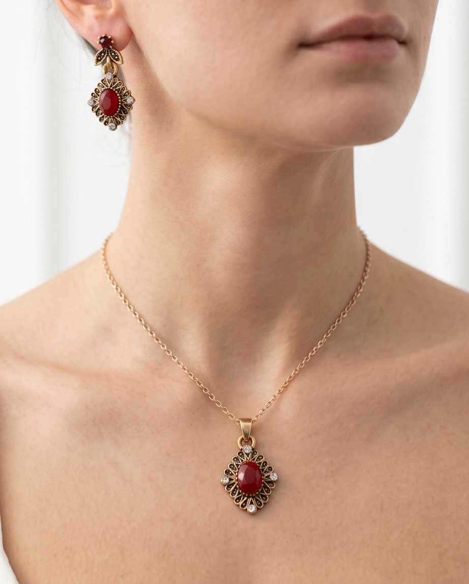 conjunto de collar con caravanas dama en bronce