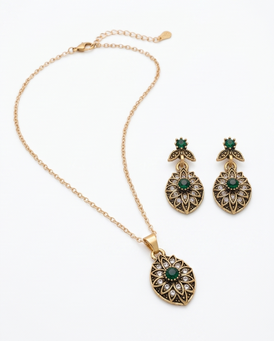 Conjunto de collar con caravanas en bronce para dama