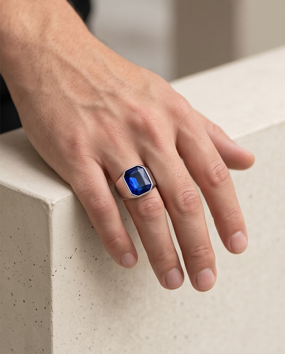 Anillo de Acero quirúrgico plateado con Zafiro colección 2027